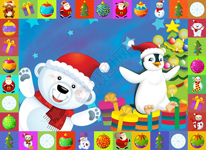 圣诞企鹅素材具有明确背景的圣诞节卡     儿童插图 孩子围巾卡片雪人解雇框架艺术朋友们风格家庭星星背景