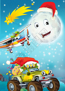 圣诞老人开飞机卡通在夜晚微笑的月亮与星星圣诞节朋友孩子们的插图 圣诞朋友流星螺旋桨卡通片城市面孔发动机轮子风格礼物天空背景