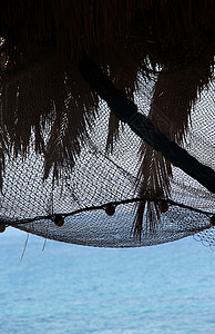 网编吊床以棕榈树环影和渔网观察晨海海滩海洋海岸吊床休息室蓝色天堂工具休息陷阱背景