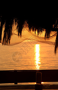 网编吊床配有棕榈树环影和渔网的美好日落海岸海滩赏金休息陷阱支撑钓鱼热带棕榈阴影背景