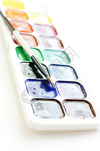 不同水彩色底底面彩虹水桶墨水水彩绘画刷子创造力艺术调色板手工背景图片