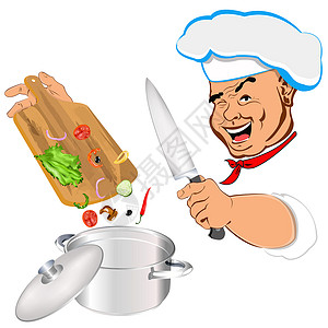 有趣的厨师和最好的美食金属黄瓜沙拉男人用餐手指面包师辣椒烹饪厨房背景图片