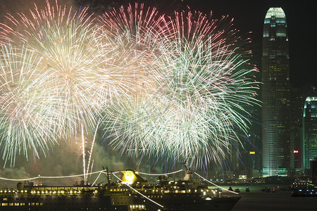 香港25周年中华新年香港烟花蓝色星星庆典反射乐趣天空建筑节日作品城市背景