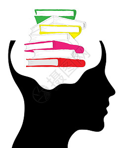 男性头部与一叠书本的背影     教育男人学习知识思维记忆学校智慧插图智力头脑背景图片