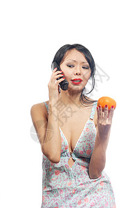 饮食咨询互通女孩讨论鬼脸水果食物姑娘情感电讯电话高清图片