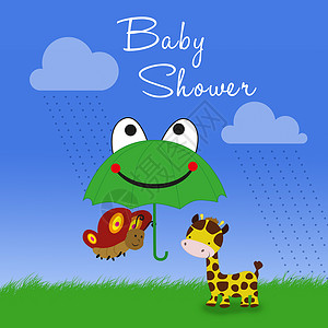 可爱青蛙伞Giraffe和蝴蝶宝宝浴缸背景