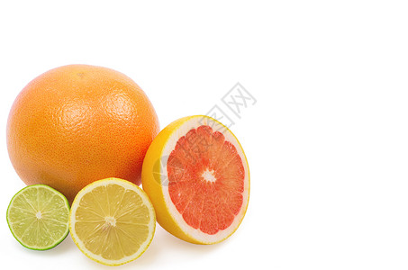 白色上隔离的清新整片石灰 柠檬和橙色图像橙子香橼情调水果小吃叶子食物团体营养饮食背景图片