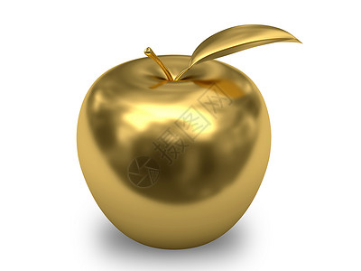 白色背景上的金苹果反射叶子订婚展示金属奢华礼物食物水果珠宝背景图片