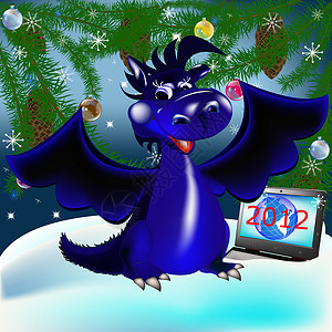 龙年圣诞节卡黑暗蓝龙新年是2012年的象征电脑插图笔记本地球世界行星森林魔法蓝色庆典背景