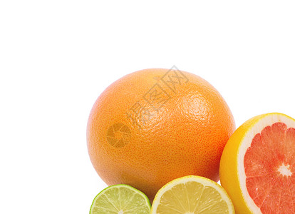 白色上隔离的清新整片石灰 柠檬和橙色图像水果食物小吃叶子情调饮食橙子香橼异国沙拉背景图片