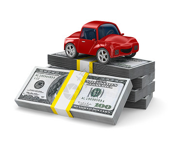 汽车三维模型红色车用美元 孤立的三维图像反射贷款插图大灯速度繁荣乐趣货币车辆赛车背景