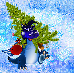 谨贺新年龙年折页贺卡黑暗蓝龙新年是2012年的象征白色快乐动物假期魔法幸福数据雪花童话新年背景