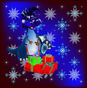 龙年圣诞节卡黑暗蓝龙新年是2012年的象征大车快乐购物新年盒子动物手推车魔法假期雪花背景