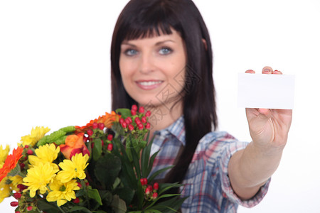 花粉携带磨损送花的妇女黑发礼物衬衫服务职业花瓣花粉送货生日庆典背景