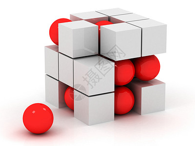 红色几何球体白色立方体和红球背景