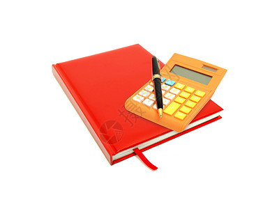 红色的书白上隔离的红色日记 计算器和笔背景