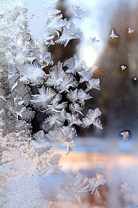 窗口上的冰雪花框架蓝色窗饰宏观玻璃冰柱季节摄影窗户背景图片