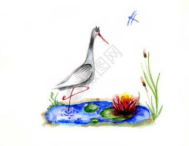 芦苇画利用白色背景绘制小婴儿蜻蜓乐趣夹子草图艺术起重机鸟类创造力教育素描背景