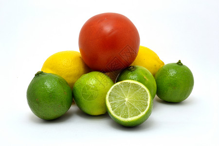 新鲜的果实青柠灯箱柠檬白色绿色黄色维生素红色橙子果汁背景图片