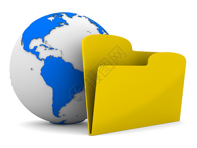 档案数字化白色背景的黄色计算机文件夹和地球 孤立 3组织数据世界文档艺术办公室床单档案插图类别背景