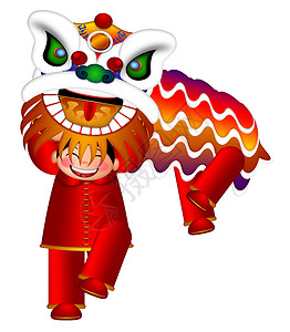 火焰狮子中国男男孩中国狮子舞蹈 插文背景