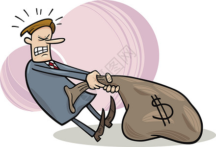 卡通凉拖商务人士拖着一袋美元绘画重量套装金融办公室经济卡通片导师领带货币背景
