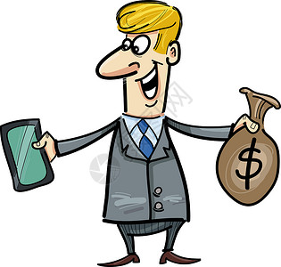 钱漫画手有平板和袋美元商务人士手机货币商务绘画电脑经济现金商业数据插图背景