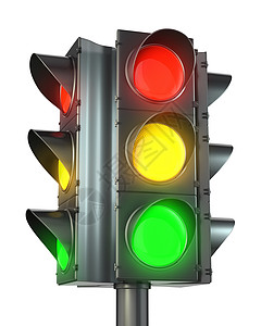 信号颜色四面交通灯 红色 黄色和绿色背景