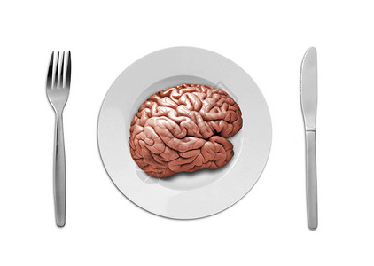 叉子元素用叉子和刀子把人的大脑放在盘子上背景