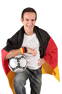 德国足球球迷竞赛支持者旗帜扇子男性白色男人微笑呐喊背景图片