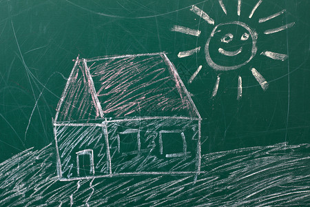 剪贴板绘图房子幼儿园住宅粉笔童年黑板创造力背景图片