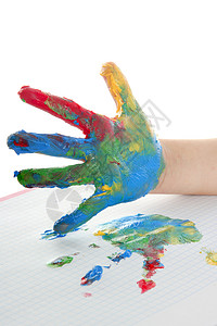 白涂着彩色孩子的手绘孩子们艺术家工艺童年学习画家绘画手指墨水打印背景图片