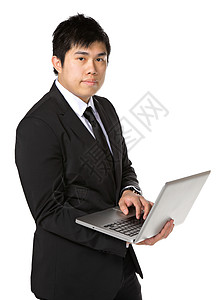商业人使用计算机领带人士销售量套装思考推销员电脑团队男性解决方案背景图片