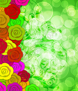带模糊背景的多彩玫瑰边框背景图片