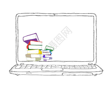 纽扣画带有书籍和空白显示的笔记本电脑阅读数据网络展示力量学校橙子机动性草图监视器背景