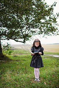 长满书树有书的女孩学习文学女性阅读学校孩子场地草地背景