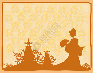 旧亚洲风貌纸植物宝塔太阳文化天空日落艺妓花瓣建筑樱花背景图片