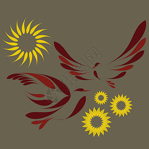 鸟向量跳舞鸟鸟类向日葵流动友谊飞行装饰品剪影生长翅膀太阳背景