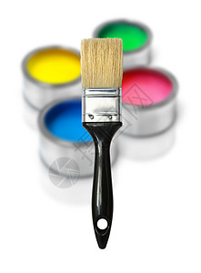 Cmyk 油漆罐罐装潢绿色白色刷子画笔黄色红色工具背景图片