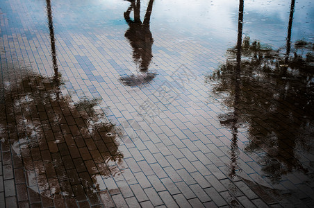 粉湿伞伴着雨伞在反射中行走背景