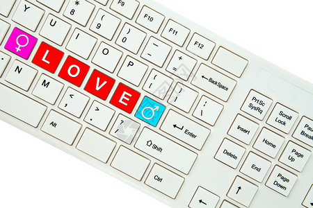 在计算机键盘上用爱的字词 孤立于白色背景红色钥匙网络电脑互联网网站邮件社会背景图片