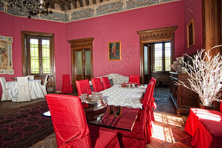 城堡中的大气中建筑学椅子壁炉红色内饰家具婚礼桌子古董用餐背景图片
