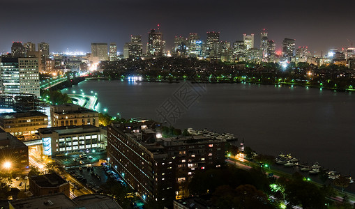 汉考克Back Bay和Cambridge 环绕夜幕背景