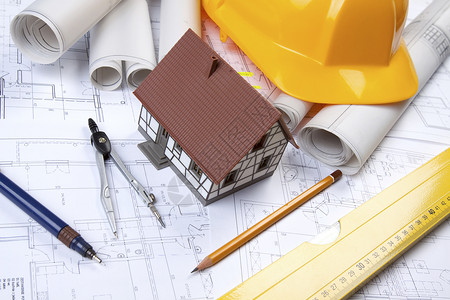 建筑结构概念厘米项目木匠构造建设者房子蓝图工程预算头盔背景图片