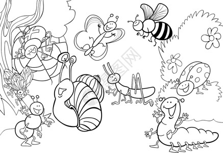 书有漫画素材在草地上的卡通昆虫 用于涂色毛虫漫画动物群蟋蟀卡通片学校瓢虫吉祥物蜜蜂臭虫背景