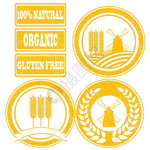 农业图标整个谷物券的食品橙色橡皮邮票标签收集背景