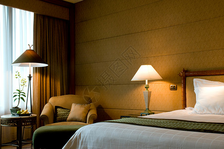 优雅五星酒店的卧室质量软垫奢华桌子水果阴影地毯羊毛橡木木头背景图片