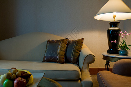 5星豪华酒店套房的座椅面积香蕉织物装潢精英枕头羊毛水果丝绸大堂星星背景图片