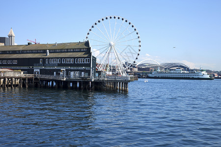西雅图摩天轮西雅图水族馆和渡轮背景
