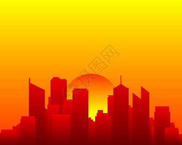 城市天际和太阳建筑日落插图摩天大楼黄色日出房子橙子背景图片